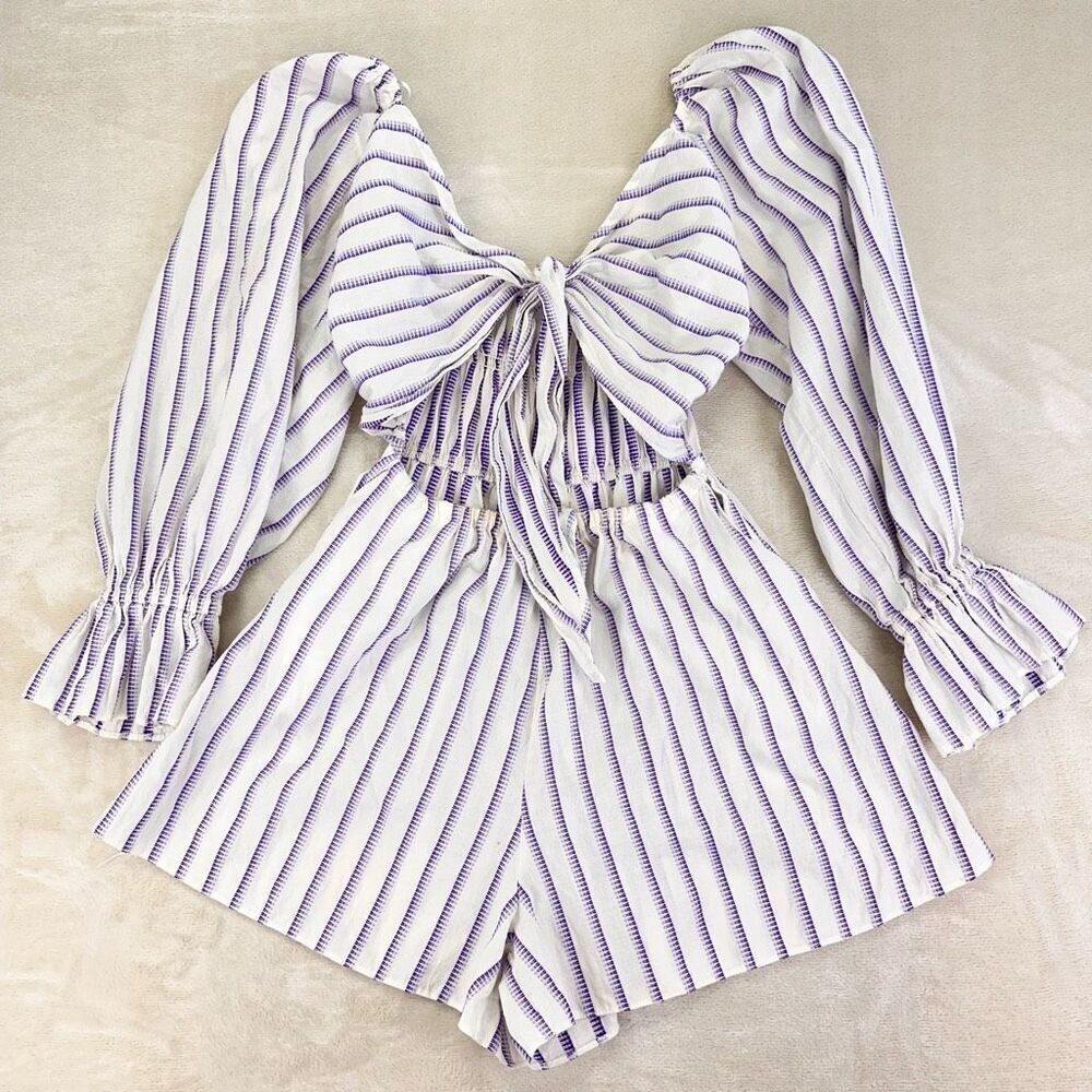 TopShop Romper Shorts Women’s 4 Purple Striped Beachy Boho Puff Sleeve